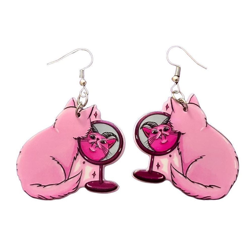 New Pastel Goth Pink Cat Mirror Drop Earrings Kitten Reflection Magic Myth Fun